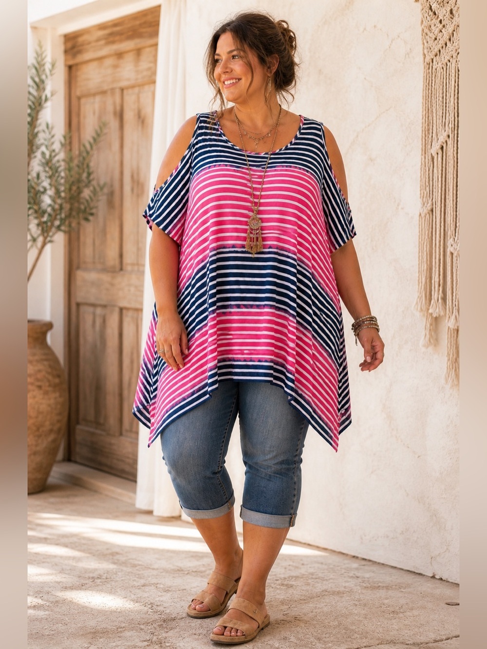 La Vanya Womens Tunic Top Plus Sz 3X Blue Pink Stripe Ombre Tie Dye Boho Stretch